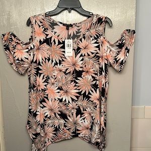 Pink back tan flowered Top stretch material very cute top